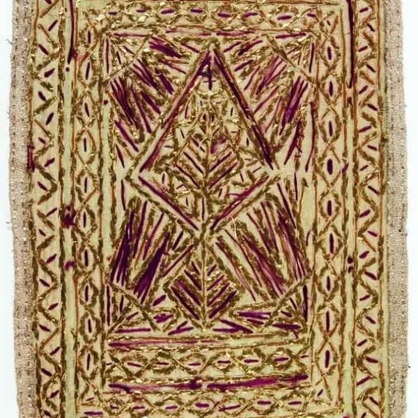 Albero della vita e simboli dell'uiverso. Ricamo-talismano zoroastriano matrimoniale di buon augurio.